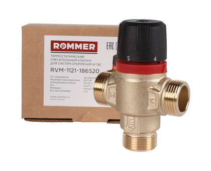 ROMMER RVM-1121-186520 Термостатический смесительный клапан для систем отопления и ГВС 3/4  НР 30-65°С KV 1,8 (центральное смешивание)