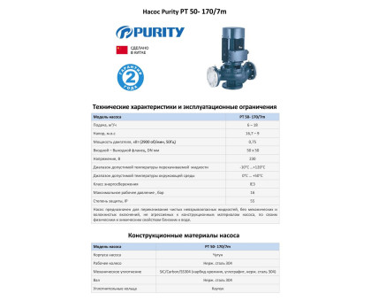 Циркуляционный насос In-Line PURITY PT 50-170/7 m