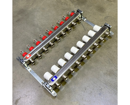 Коллекторная группа 1" Uni-Fitt 450Bнерж. сталь 9 выходов 3/4" с расходомерами и термостатическими вентилями без концевиков