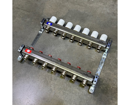 Коллекторная группа 1" Uni-Fitt 451B нерж. сталь с балансировочными и термостатическими вентилями без концевиков 7 выходов 3/4"