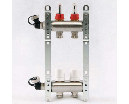 Коллекторная группа из нержавеющей стали с термостатическими вентилями и расходомерами UNI-FITT 1"x3/4"ЕК 2 выхода